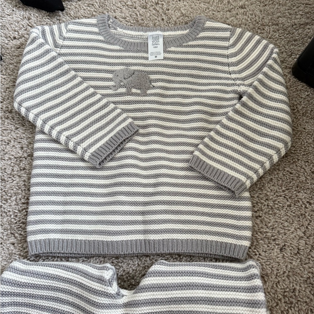 Carter's Gray and Cream Striped Baby Sweater Set Knit 18 Month NWOT